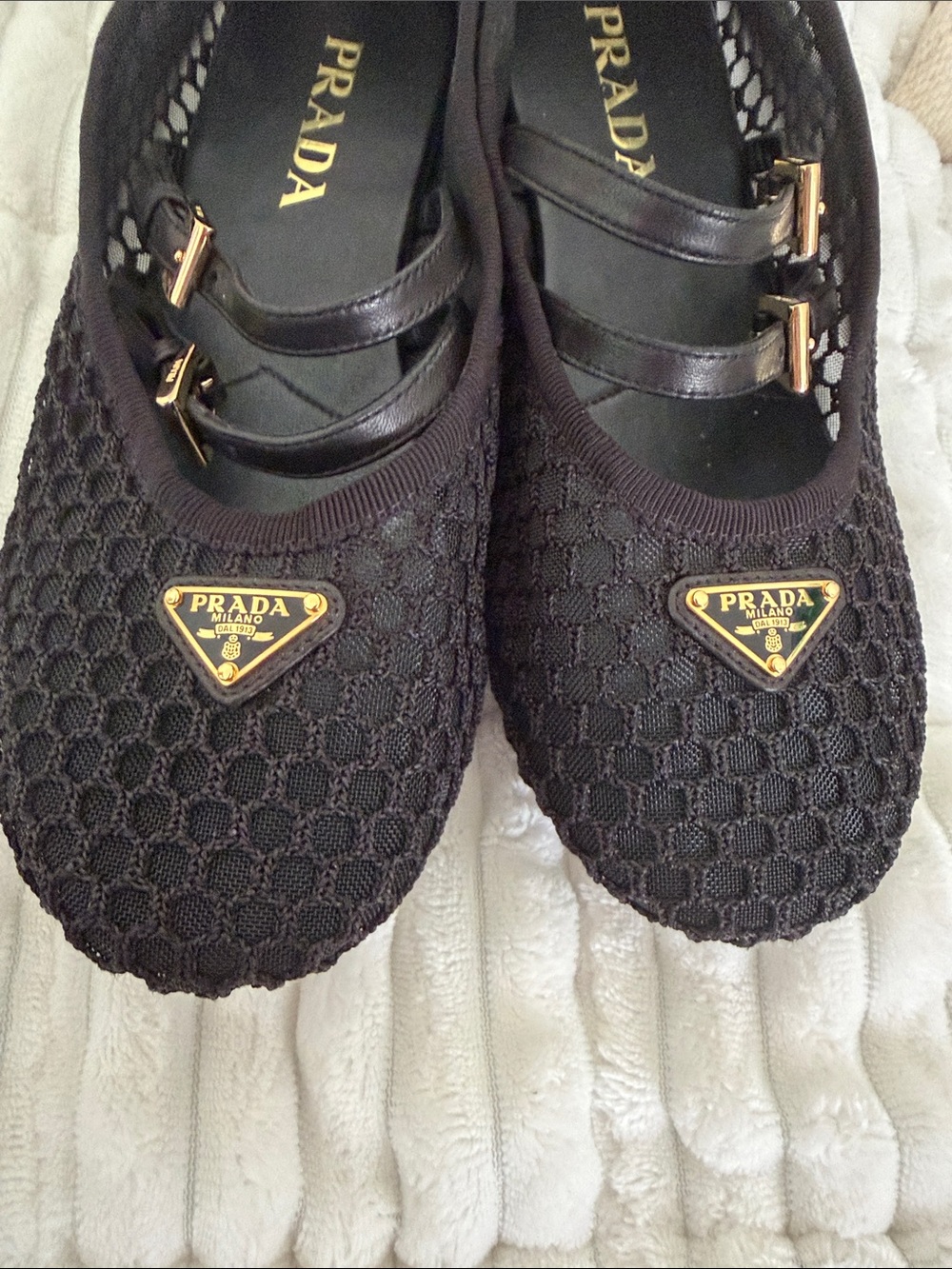 Prada Black Mesh Double-Strap Mary Jane Flats with Gold Logo - Picture 8 of 9